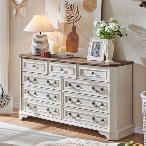 T4TREAM Farmhouse 9 Drawers Dresser for Bedroom, 54" Wide Wood Rustic Chest of Drawers with Natural Texture, Vintage Design, Storage Dressers Organizer for Bedroom, Living Room, Hallway, Antique White
