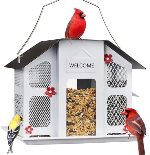 Kingsyard Wild Bird Feeder with Weatherproof Roof & Seed Tray, All Metal, Bird Seed Feeder Hanging for Garden Yard Outside Decoration, 4 lbs Large Capacity, White