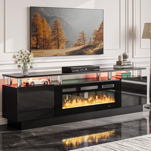 oneinmil 2 Tier TV Console Stand with 36" Electric Fireplace, LED Light Entertainment Center for TVs Up to 80" for The Living Room, 70", Black