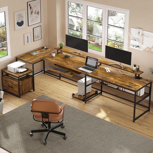SEDETA U Shaped Desk, Reversible L Shaped Home Office Desk with File Drawer & Power Outlet, 101.5'' Computer Two Person Desk with Monitor Shelf, Keyboard Tray, Gaming Desk, Rustic Brown