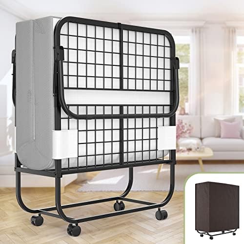 Unikito Folding Bed with Mattress for Adults, 75" x 31" Cot Size Portable Rollaway Guest Bed with Memory Foam Mattress and Metal Frame on Wheels, Space-Saving Folded Design, Storage Cover Included