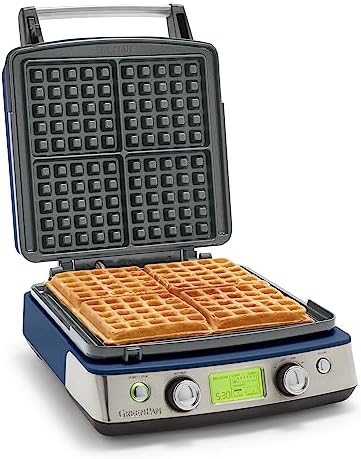 GreenPan Elite 4-Square Belgian & Classic Waffle Maker, Healthy Ceramic Nonstick Aluminum Dishwasher Safe Plate,Adjustable Shade/Crunch Control Wont Overflow Easy Clean,Breakfast,PFAS-Free,Oxford Blue