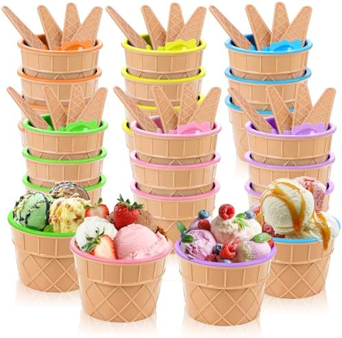 24 Pcs Ice Cream Bowls, Plastic Cartoon Ice Cream Cups and Spoons Set Reusable Cute Candy Color Dessert Frozen Yogurt Bowl Container Party Favors Sundae Birthday Decorations Summer Holiday Supplies