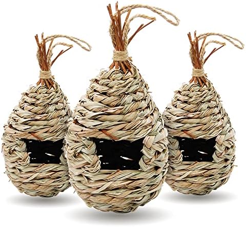 Gute Hummingbird Houses for Outside Hanging, Natural Grass Hanging Bird Hut, Hand Woven Hummingbird Nest, Large Wren Finch Bird House for Garden Window Outdoor Home Decoration, 3 Pack