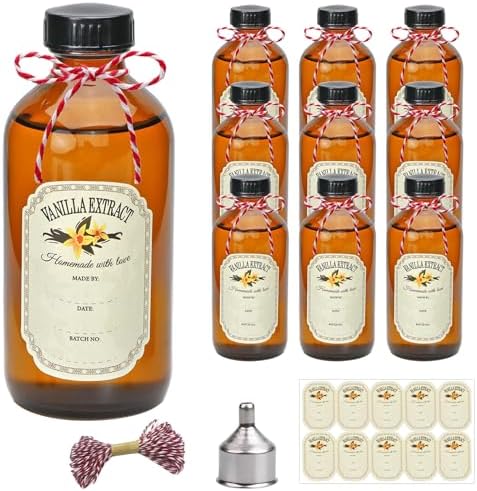 8oz Glass Vanilla Extract Bottles,10 Pack Round Amber Glass Boston Bottles with Caps , Stickers and Funnel ,Applicable to Essential Oils, Wedding, Christmas