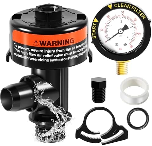 98209800 High Flow Manual Relief Valve, Air Relief Manual Valve Assembly with Pressure Gauge, Replacement for Pool and Spa Filter