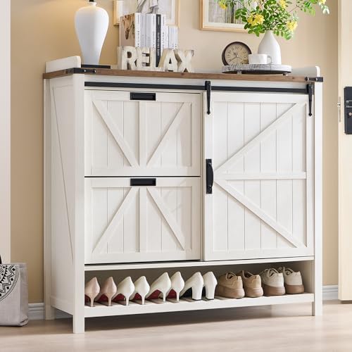 OKD Shoe Storage Cabinet with 2 Flip Drawers & Sliding Door, Farmhouse Entryway Shoe Organizer, Freestanding Rustic Hidden Shoe Rack Cabinet for Entryway, Antique White