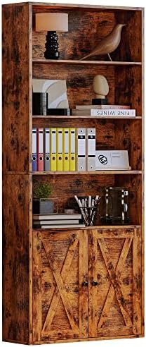 IRONCK Industrial Bookshelves and Bookcases with Doors Floor Standing 6 Shelf Display Storage Shelves 70 in Tall Bookcase for Home Office, Living Room