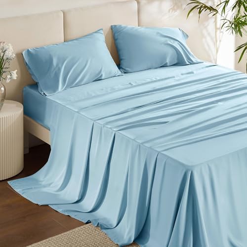 Bedsure King Size Sheet Sets, Cooling Sheets for Hot Sleepers, Rayon Derived from Bamboo, Breathable & Soft Deep Pocket Up to 16 Inches, Hotel Luxury Silky Bedding, Bedsheet & Pillowcases, Teal Blue