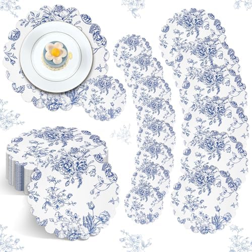 100 Pcs Vintage Blue Floral Placemats and Drinks Coasters Disposable Blue Flower Paper Place Mat Dining Table Decoration Floral Banquet Tableware Bulk for Table Setting Wedding Tea Party Decor
