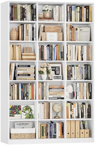 HOSTACK 86" H Triple Wide Bookshelf and Bookcase, 7 Tier Tall Bookshelf with Storage, Large Bookcase with 21 Open Display Storage Shelves, Wood Book Shelf Media CD DVD Storage for Living Room, White