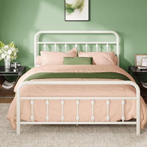 Allewie 14 Inches Full Size Metal Platform Bed Frame with Victorian Style Iron-Art Headboard/Footboard, Mattress Foundation, Easy Assembly, Under Bed Storage, No Box Spring Required, Off White