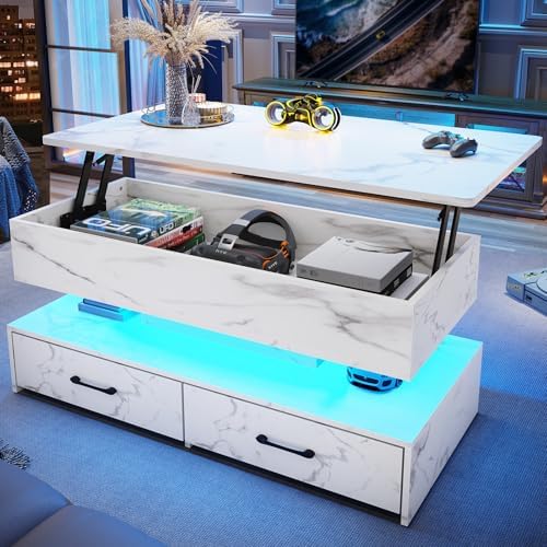 SEDETA 40" Lift Top Coffee Table, Coffee Tables with Storage for Living Room, Small Coffee Table with 2 Drawers & LED Light for Dining Reception Room, White Marble