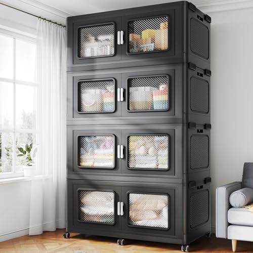 BROVIEW 1200 Qt Stackable Storage Bin with Lid, 300Gal Extra Large Collapsible Storage Boxes, Folding Plastic Drawer, Heavy-Duty Store Cabinet, Closet Organizer for Home Kitchen, 4 Pack Black