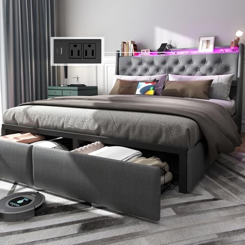 Queen Size Bed Frame with Charging Station and Headboard, Upholstered Button Tufted Platform Queen Bed with 2 Storage Drawers and LED Lights, No Box Spring Needed, Noise-Free, Easy Assembly, Gray
