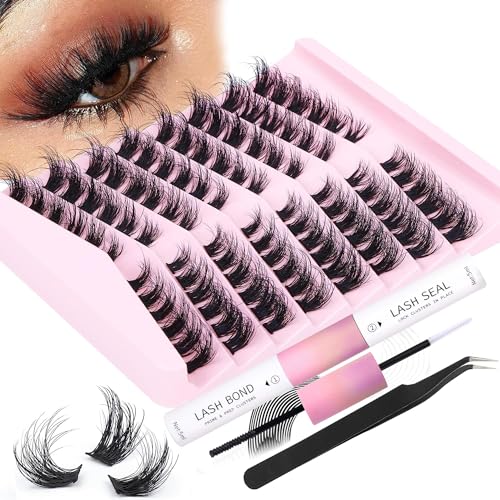 DIY Lash Extension Kit Fluffy Flat Lash Clusters with Kit Lash Bond and Seal and Cluster Eyelashes Applicator Tool D Curl Eyelash Extension Kit Individual Lashes Cluster by FANXITON