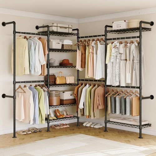 ONBRILL L4 Wall Mounted Industrial Pipe Clothing Rack, Closet Organizer System with 6 Hanging Clothes Rods ( 4 Expandable Rods) & 8 Shelves, Heavy Duty Corner Garment Rack, Large Wardrobe - Black