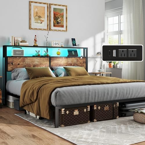 King Size Bed Frame with Headboard, Metal Platform Bed Frame with LED Lights & Charging Station, Under Bed Storage, Solid and Stable, No Box Spring Needed, Noise Free, Easy Assembly, Vintage Brown