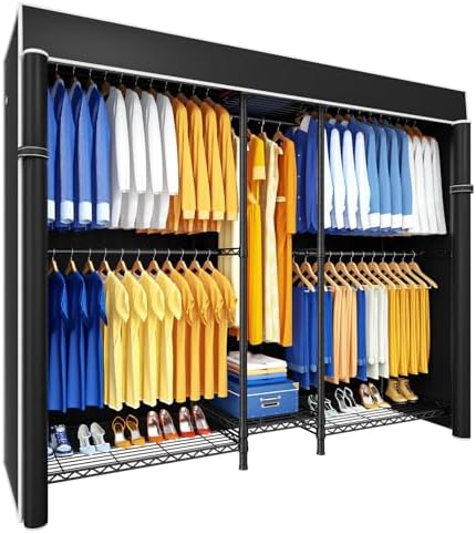 Ulif E12C Heavy Duty Closet Organizer System,Freestanding Clothing Rack, Adjustable Garment Rack 71" W x 16" D x 76.5" H Holds 960 lbs, Black Rack with Black Dustproof Cover