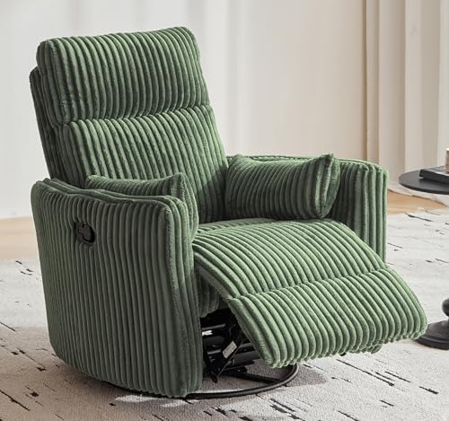 LINSY 360 Swivel Recliner Chair - Corduroy Nursery Glider Rocking Chair with 2 Pillows, Comfy High Back Adult Recliner for Small Spaces, Nursery Bedroom Living Room Reclining (Green)