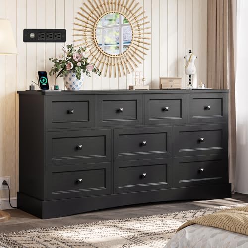 Hasuit Black Dresser for Bedroom with 10 Drawers, 55.2" Long Drawer Dresser with Charging Station, Farmhouse Dressers Chest of Drawer, Large Wooden Storage Tower Organizer, Dressers for Bedroom Closet