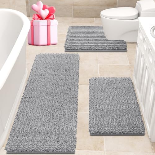 ACCUMTEK Upgrade Extra Large Light Grey Bathroom Rug Set 3 Pieces Gray Ultra Soft, Thick Absorbent Bath Mats, Non Slip Chenille Toilet Mat for Bathroom, Bedroom, Kitchen