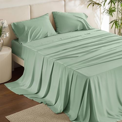 Bedsure King Size Sheet Sets, Cooling Sheets for Hot Sleepers, Rayon Derived from Bamboo, Breathable & Soft Deep Pocket Up to 16 Inches, Hotel Luxury Silky Bedding, Bedsheet & Pillowcases, Sage Green