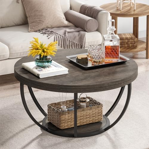Tribesigns Round Coffee Table, 31.7" Wooden 2-Tier Circle Coffee Table with Storage Shelves, Modern Accent Cocktail Table Center Table for Living Room, Grey