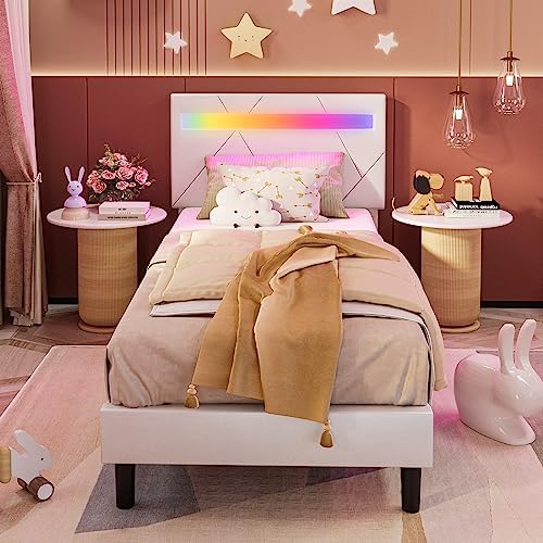 LIKIMIO Twin Bed Frame with LED Lights(Smart APP Control), Upholstered Modern Platform Bed Frame, No Box Spring Needed/Noise-Free/Easy Assembly, White