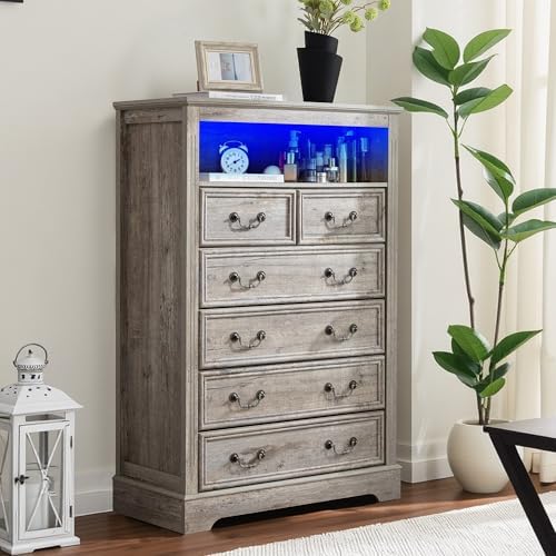 Dresser for Bedroom with Charging Station & LED Light,Tall Dresser & Chests of Drawers with 6 Drawers,Vintage Gray