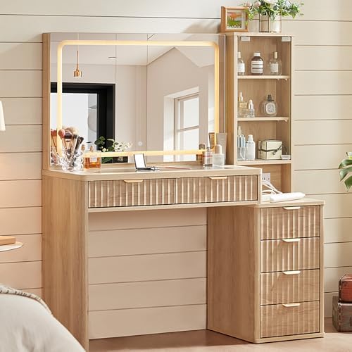 LEYAOYAO Vanity Desk with Mirror and Lights, 43.5'' Fluted Makeup Vanity with 6 Drawers and Adjustable Shelves, Natural Wood Make Up Vanity Dressing Table with Glass Top and Power Outlet for Bedroom