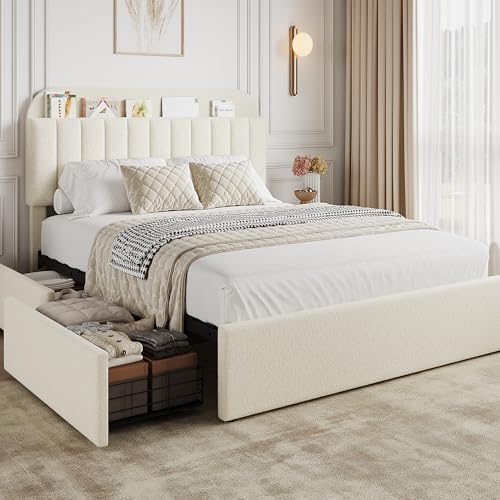 GarveeHome Full Bed Frame with Storage Headboard, Kids Bed Frame with 2 Drawers, Boucle Upholstered Platform Bed with Bookcase, No Box Spring Needed, Easy Assembly, Ivory White