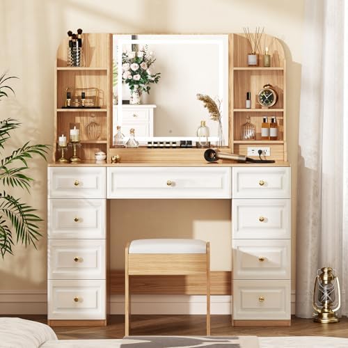 43" Makeup Vanity Desk with Mirror and Lights, & Power Outl, Glass Top Big Vanity Table with 9 Drawers& 8 Storage Shelves, Dressing Table Set with Chair for Bedroom, White+Oak