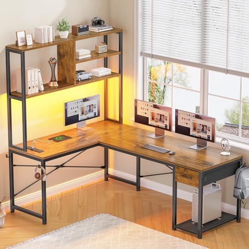 SEDETA L Shaped Gaming Desk, 51.2" Reversible Small Corner Desk with Drawer, Power Outlet & LED Lights, Computer Desk with Storage Shelves for Small Space, Rustic Brown
