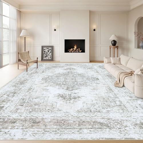 Area Rug 9x12 Living Room Rug, Machine Washable Vintage Distressed Medallion Rug Non-Slip Soft Low Pile Large Indoor Rugs for Bedroom Kitchen Dining Room Office(Taupe,9'x12')