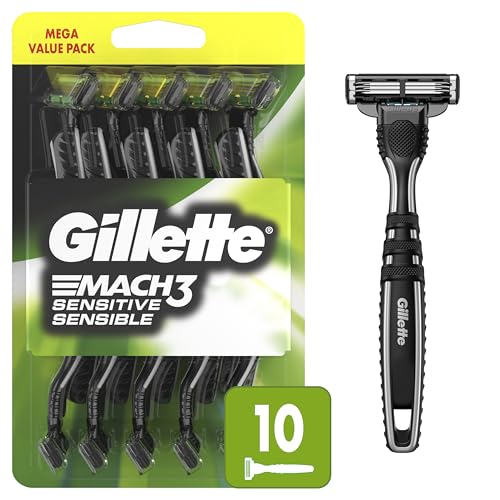 Gillette Mach3 Sensitive Razors for Men, Men’s Disposable Razors, Pivoting Head for Close and Comfortable Shave, 10 Count