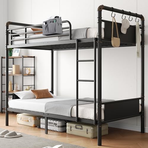 Bunk Bed Twin Over Twin, Heavy Duty Metal Bunkbeds with Ladder and Full-Length Guardrail, Convertible into 2 Individual Beds for Kids, Teens and Adults, Under-Bed Storage Space, Black