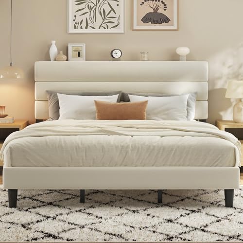 King Bed Frame, Platform Bed with Velvet Upholstered Headboard, No Box Spring Needed, Sturdy Metal Support, Noise Free, Easy Assembly, Mattress Foundation, Modern Bedroom Furniture, Beige
