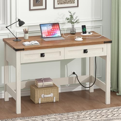 Farmhouse Computer Desk with 2 Drawers, 39 Inch Small Office Computer Desk with Power Outlets, Compact Writing Study Desk for Small Spaces, Antique White