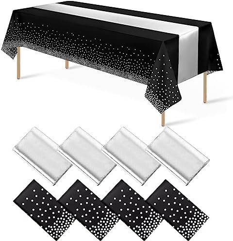 8Pack Disposable Plastic Tablecloths and Satin Table Runner Set Black and Silver Dot Tablecloth Silver Satin Table Runner for Wedding Birthday Baby Shower Anniversary Christmas New Year Party Supply