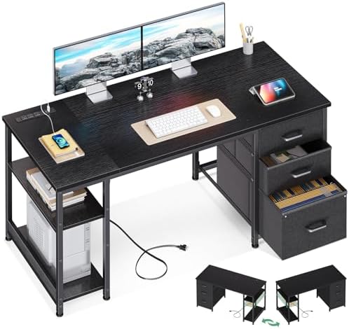 AODK 51 Inch Computer Desk with Fabric Drawers & USB Power Outlets, Reversible Home Office Desk with Storage Shelves, Work from Home, Modern Work/Writing/Study Table for Bedroom, Black