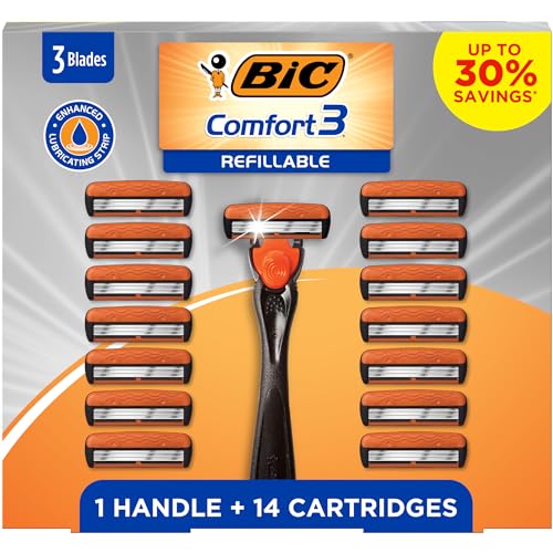 BIC Comfort 3 Refillable Disposable Razors for Men, 1 Handle and 14 Cartridges With 3 Blades, 15 Piece Razor Kit for Men