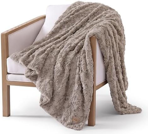 UGG Adalee Faux Fur Throw Blanket Luxury Lightweight Cozy Soft Throw for Couch Bed or Chair Hypoallergenic Machine Washable Double-Sided Fluffy Blanket Home Decor, 50-inch x 70-inch, Oyster Brown