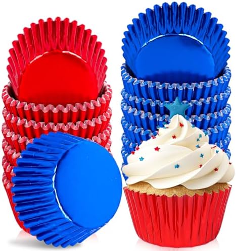 200Pcs Red Blue Foil Cupcake Liners July 4th Patriotic Foil Metallic Baking Cups Independence Day Cupcake Wrappers Muffin Liners for Memorial Day Veterans Day Party Supplies