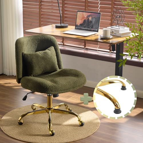 VINGLI Wide Criss Cross Legged Office Chair,Buttprint Ergonomic Desk Chair Comfy with Pillow&Gold Base,Dual-Use with/no Wheels,Adjustable Vanity Swivel Chair for Bedroom,Home Office,Teddy Fleece,Green