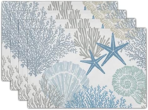 Nautical Placemats Set of 4 Starfish Beach Theme Ocean Seashell Washable Non-Slip Heat Resistant 12×18 Inch Coastal Summer Thick Place Mats Decorative Linen Fabric Table Mat for Dining Table