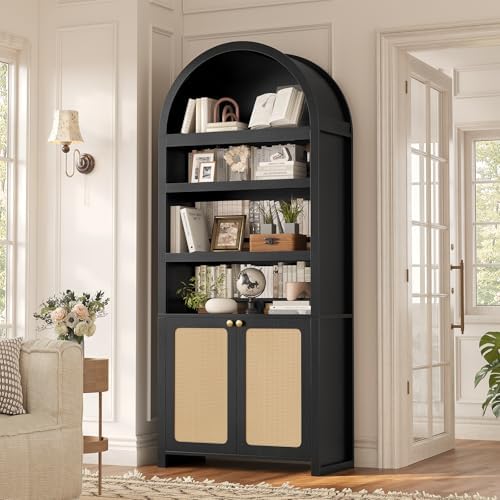 81" Tall Arched Cabinets,Bookcase with storage,Mid-Century Modern 6-Tier Bookshelf with Door,2 Book Risers and Adjustable Shelves offering more storage space for Living Room,Home Office,Black+Oak