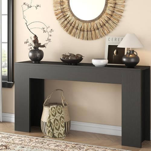 63-Inch Long Console Table with LED Light, Farmhouse Sofa Table Behind Couch, Wooden Console Table for Entryway Hallway Entrance Living Room, Black