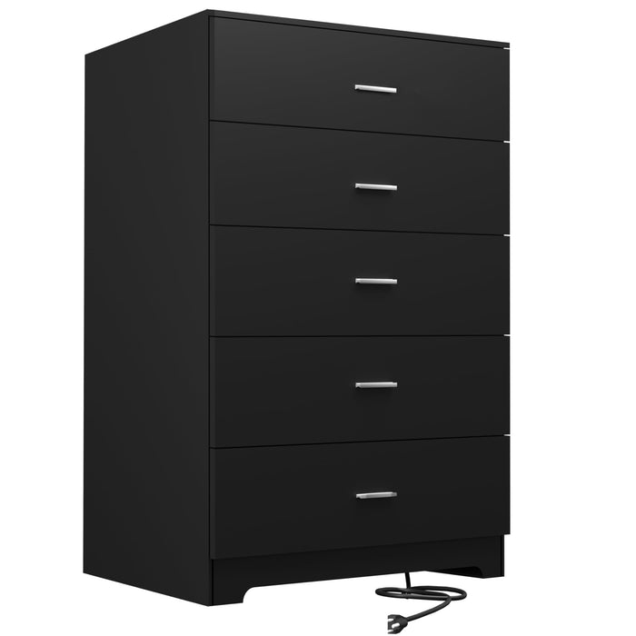 GEPELCN Dresser for Bedroom with Power Outlets Wood 5 Drawer Dresser with Large Storage Space Black Chest of Drawers with Smooth Metal Rail Tall Storage Organizer for Bedroom Living Room Closet