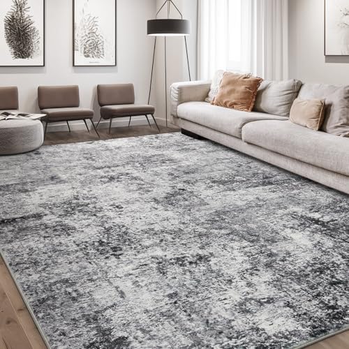 Area Rug Living Room Rugs - 9x12 Large Soft Indoor Neutral Modern Abstract Low Pile Washable Rug Carpet for Bedroom Dining Room Farmhouse Home Office - Grey